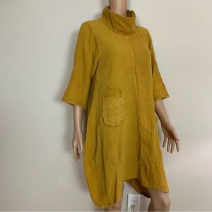 Women's CLEA RAY Mustard LAGENLOOK Oversized TEXTURED Cotton FUNNEL Neck TUNIC S